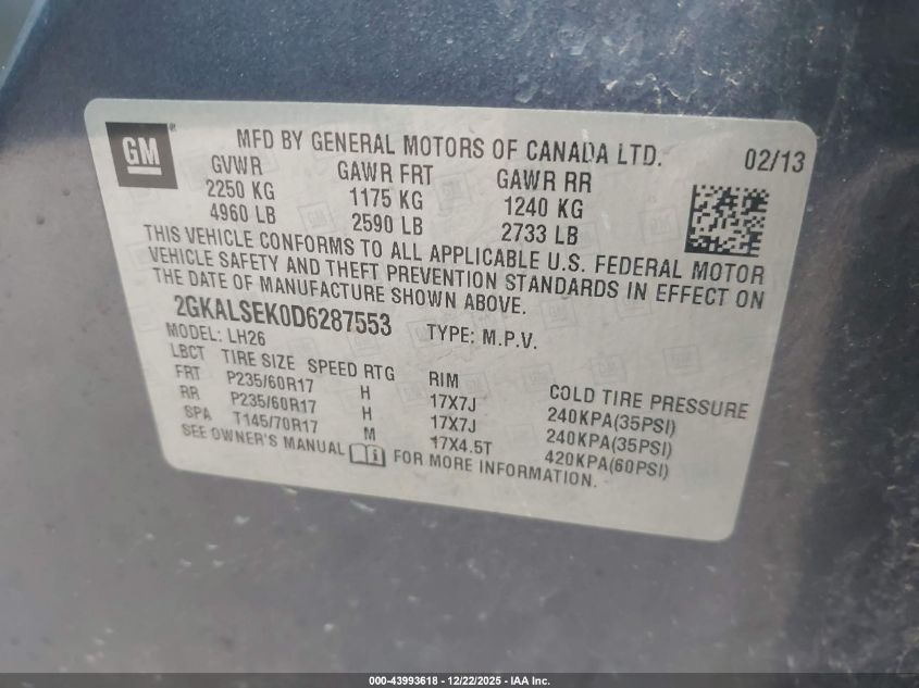 2013 GMC Terrain Sle-2 VIN: 2GKALSEK0D6287553 Lot: 43993618