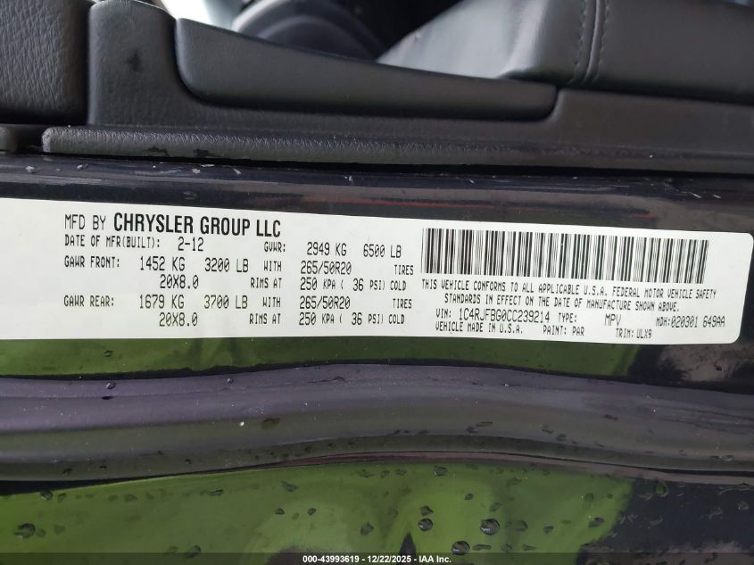 2012 Jeep Grand Cherokee Limited VIN: 1C4RJFBG0CC239214 Lot: 43993619