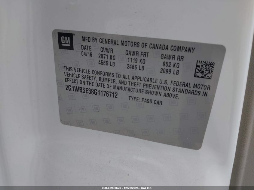 2016 Chevrolet Impala Limited Lt VIN: 2G1WB5E38G1176712 Lot: 43993620