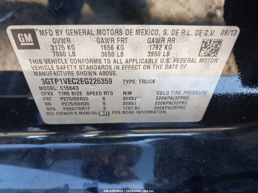 2014 GMC Sierra 1500 Slt VIN: 3GTP1VEC2EG226359 Lot: 43993622