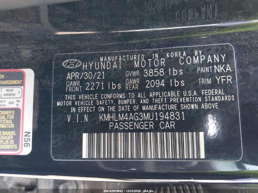 2021 Hyundai Elantra Sel VIN: KMHLM4AG3MU194831 Lot: 43993642