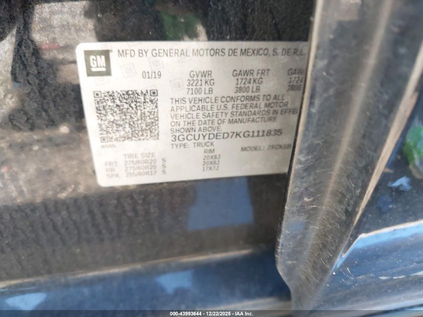 2019 Chevrolet Silverado 1500 Lt VIN: 3GCUYDED7KG111835 Lot: 43993644