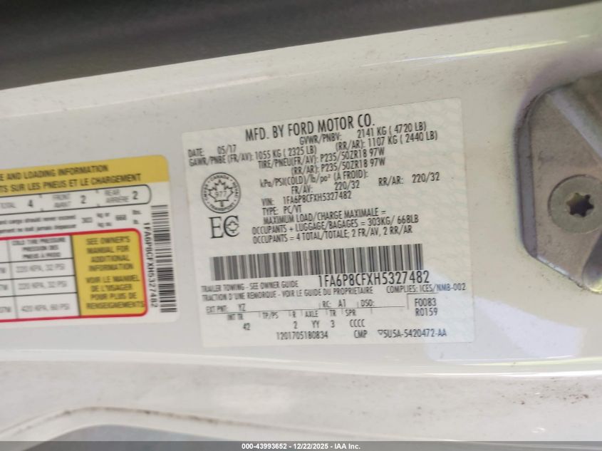 2017 Ford Mustang Gt Premium VIN: 1FA6P8CFXH5327482 Lot: 43993652