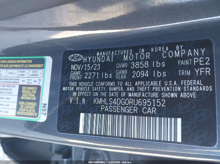 2024 Hyundai Elantra Sel VIN: KMHLS4DG0RU695152 Lot: 43993653