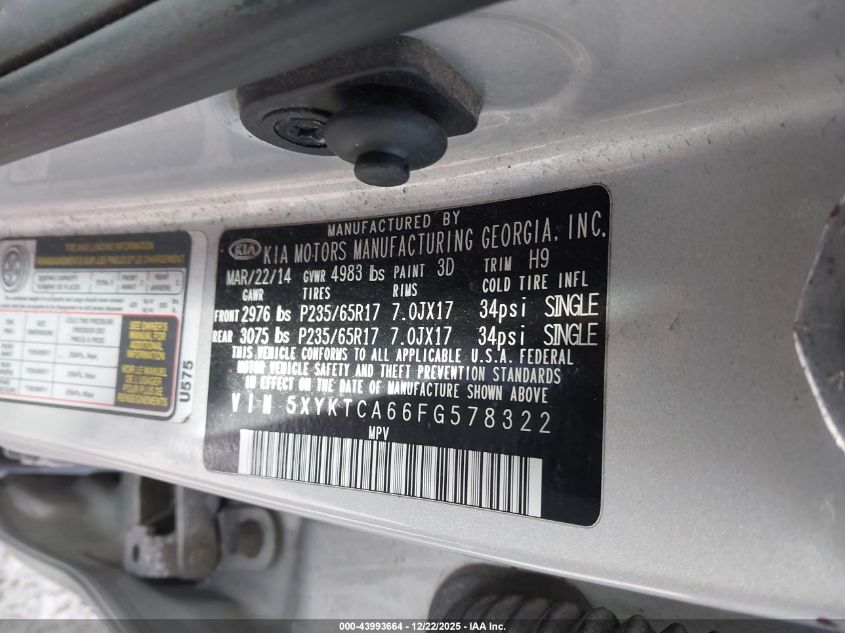 2015 Kia Sorento Lx VIN: 5XYKTCA66FG578322 Lot: 43993664