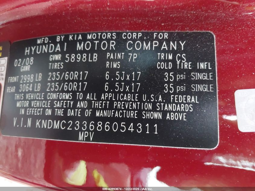 2008 Hyundai Entourage Gls/Se/Limited VIN: KNDMC233686054311 Lot: 43993674