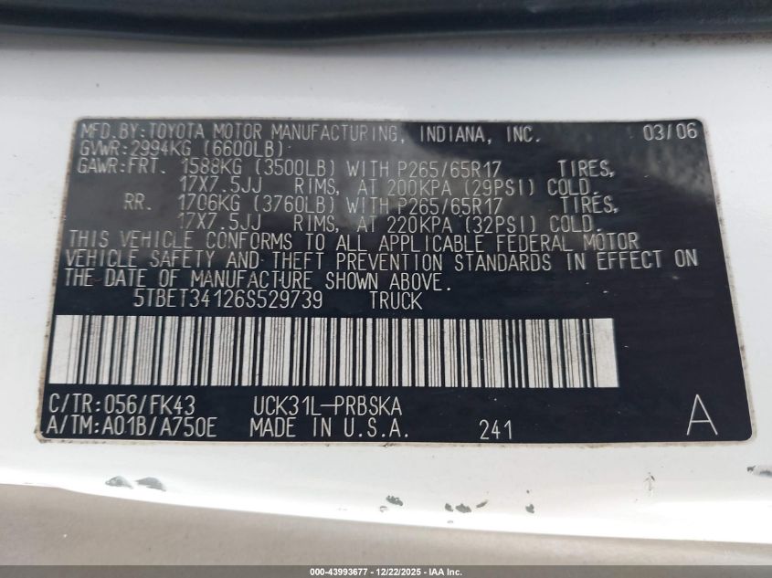 2006 Toyota Tundra Sr5 V8 VIN: 5TBET34126S529739 Lot: 43993677