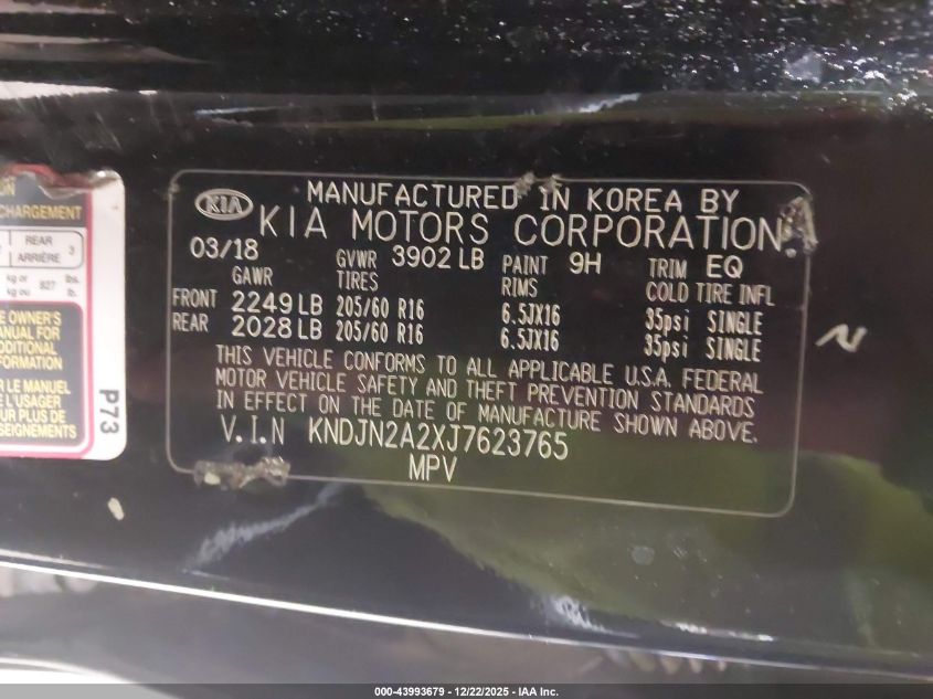 2018 Kia Soul VIN: KNDJN2A2XJ7623765 Lot: 43993679