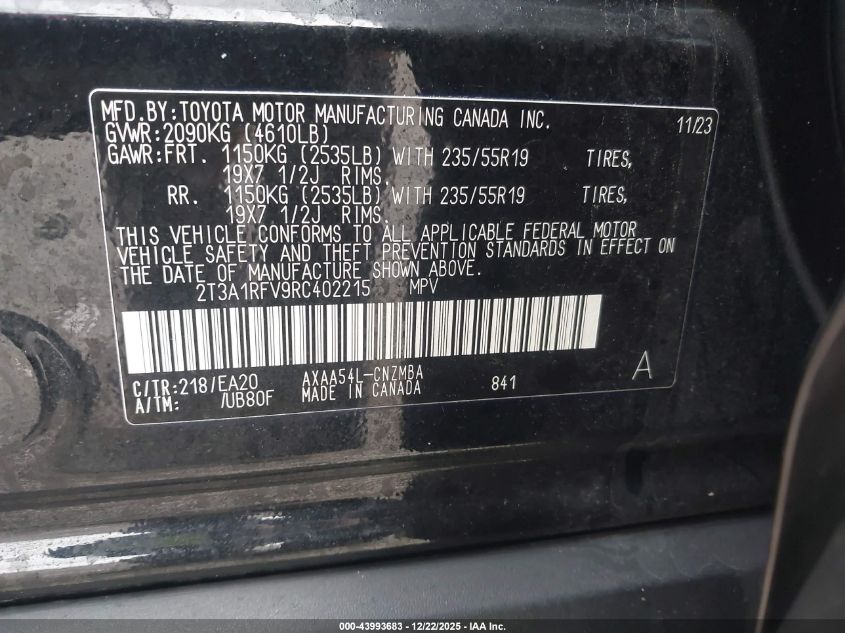 2024 Toyota Rav4 Xle Premium VIN: 2T3A1RFV9RC402215 Lot: 43993683