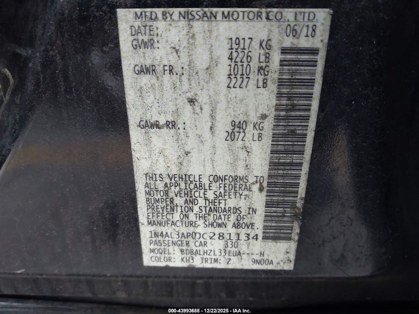 2018 Nissan Altima 2.5 Sr VIN: 1N4AL3AP0JC281134 Lot: 43993688