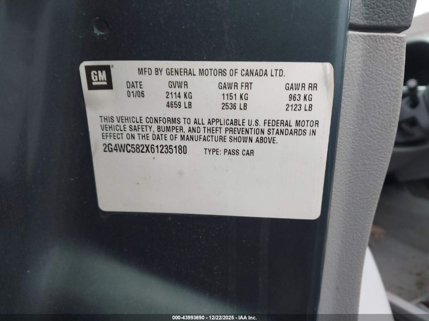 2006 Buick Lacrosse Cx VIN: 2G4WC582X61235180 Lot: 43993690