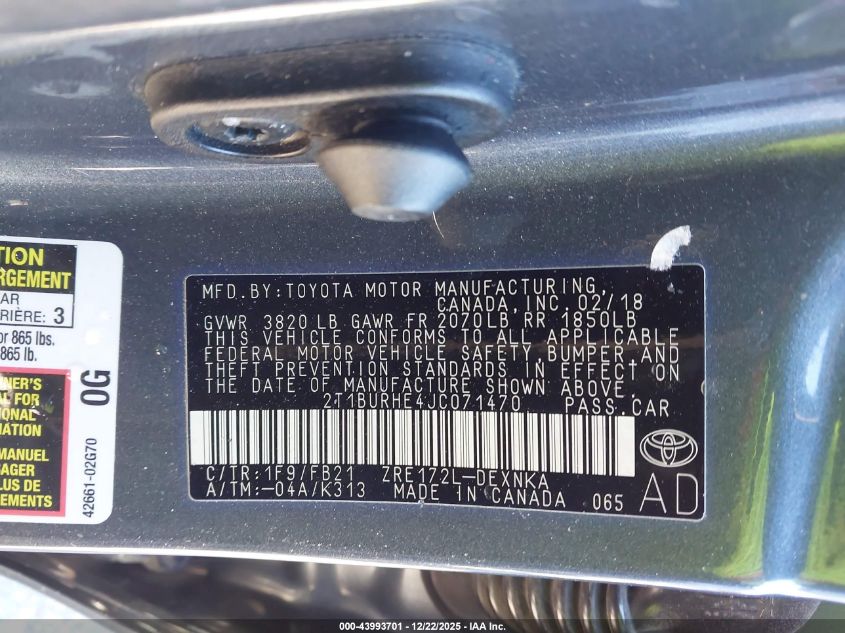 2018 Toyota Corolla Le VIN: 2T1BURHE4JC071470 Lot: 43993701