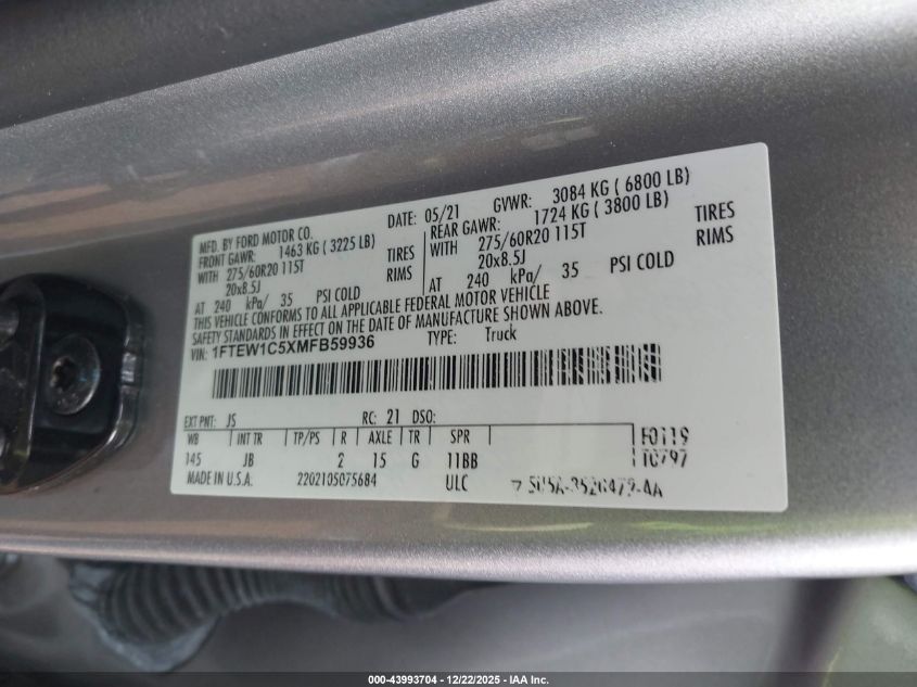 2021 Ford F-150 Xl VIN: 1FTEW1C5XMFB59936 Lot: 43993704