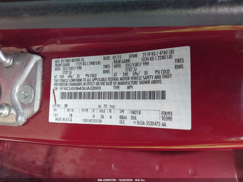 2016 Ford Escape Se VIN: 1FMCU0G94GUA32003 Lot: 43993706