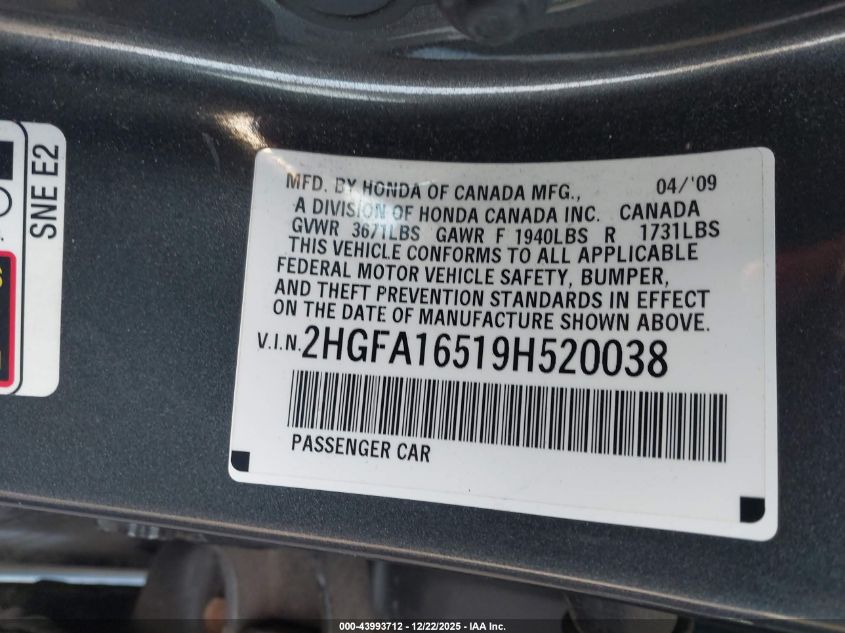 2009 Honda Civic Lx VIN: 2HGFA16519H520038 Lot: 43993712