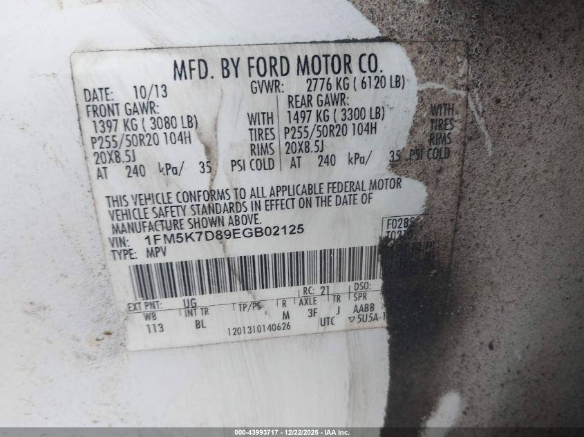 2014 Ford Explorer Xlt VIN: 1FM5K7D89EGB02125 Lot: 43993717