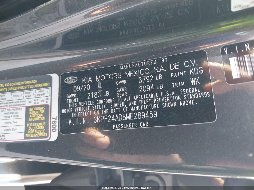 2021 Kia Forte Fe VIN: 3KPF24AD8ME289459 Lot: 43993720
