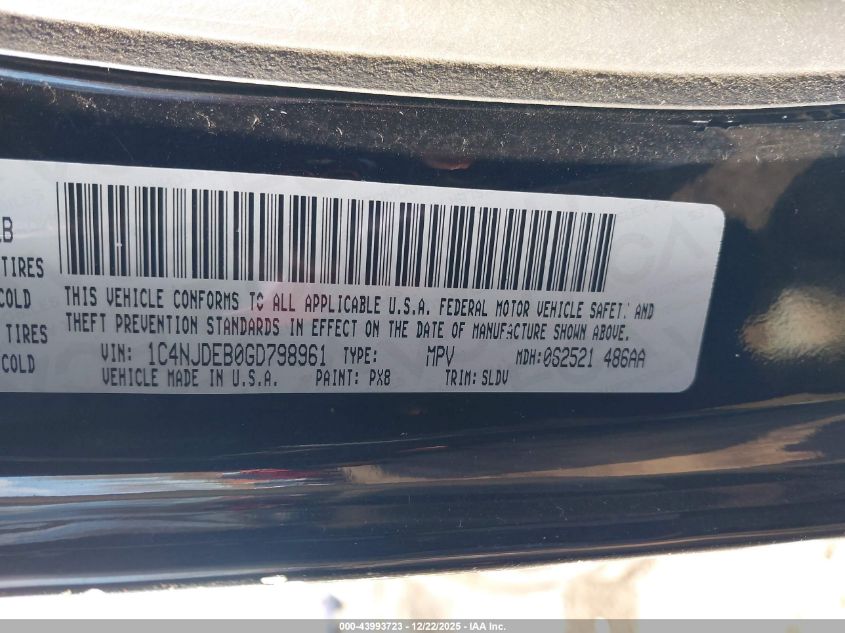 2016 Jeep Compass High Altitude Edition VIN: 1C4NJDEB0GD798961 Lot: 43993723