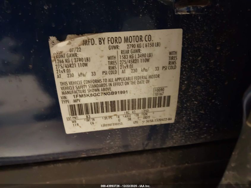 2022 Ford Explorer St VIN: 1FM5K8GC7NGB91991 Lot: 43993726