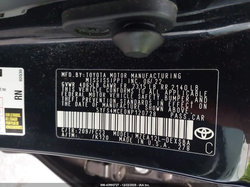 2022 Toyota Corolla Se VIN: 5YFS4MCE0NP120728 Lot: 43993727