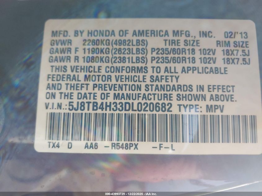 2013 Acura Rdx VIN: 5J8TB4H33DL020682 Lot: 43993729