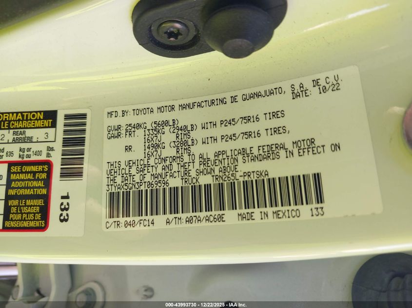 2023 Toyota Tacoma Sr5 VIN: 3TYAX5GN3PT069596 Lot: 43993730
