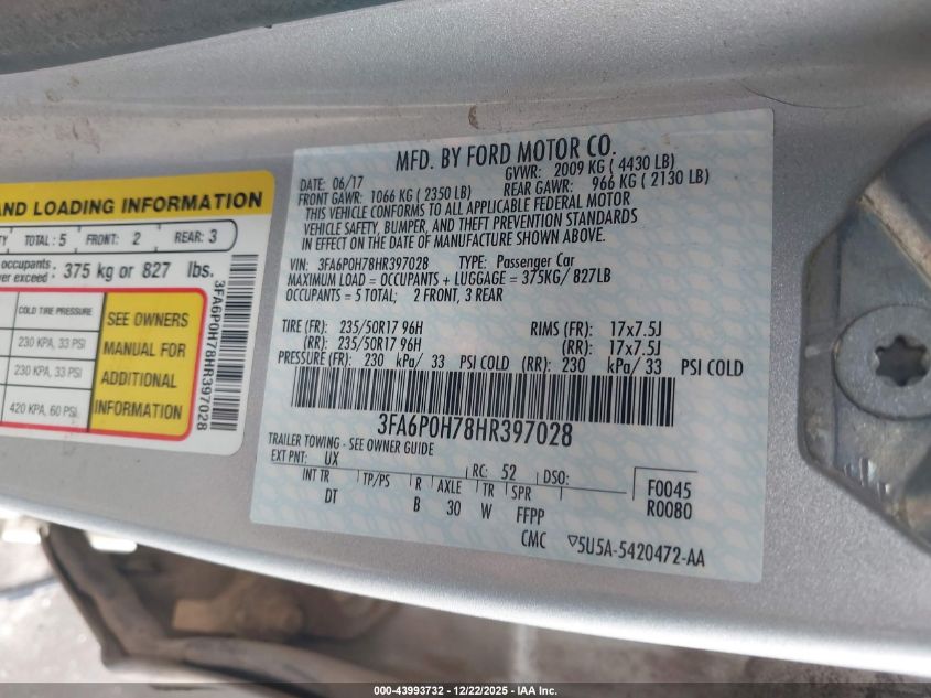 2017 Ford Fusion Se VIN: 3FA6P0H78HR397028 Lot: 43993732
