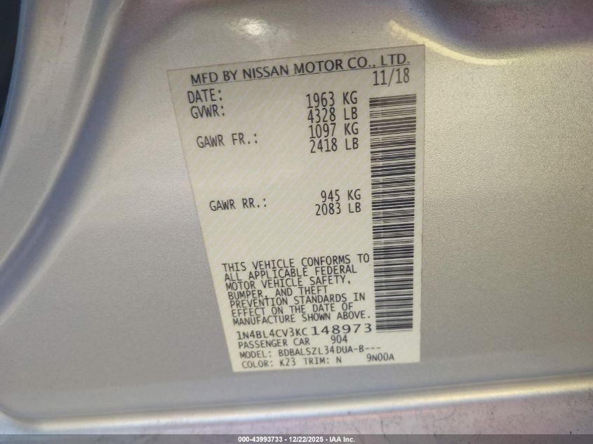 2019 Nissan Altima 2.5 Sr VIN: 1N4BL4CV3KC148973 Lot: 43993733