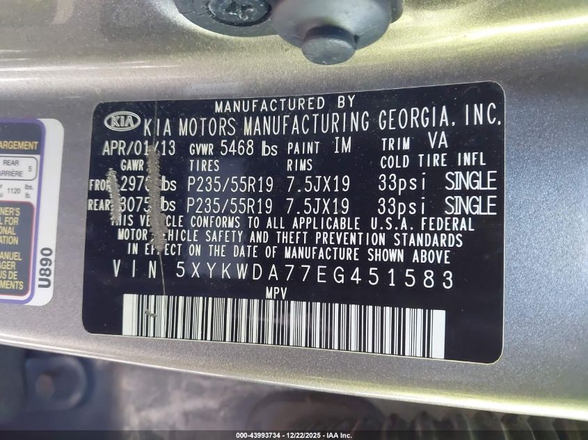 2014 Kia Sorento Limited V6 VIN: 5XYKWDA77EG451583 Lot: 43993734