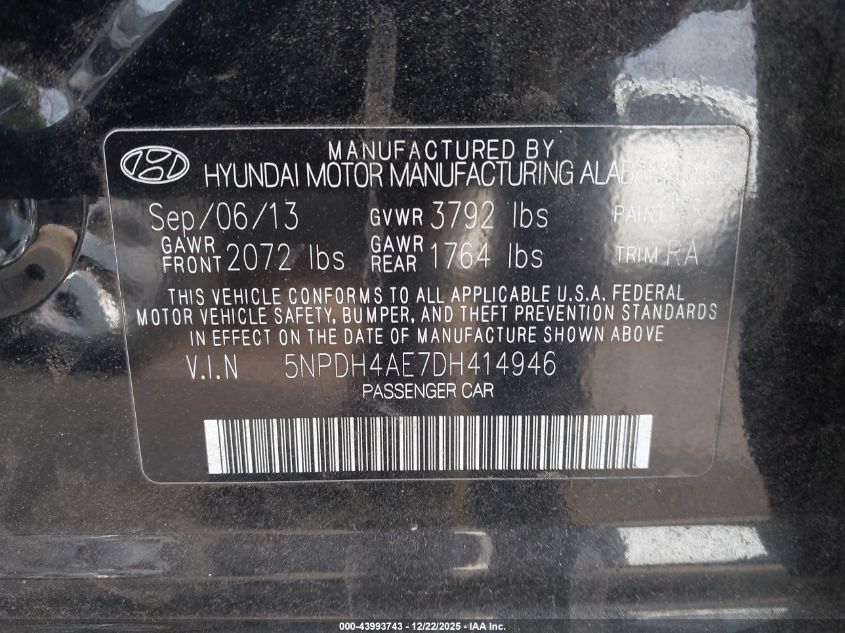 2013 Hyundai Elantra Gls VIN: 5NPDH4AE7DH414946 Lot: 43993743