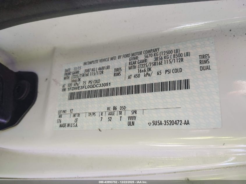 2016 Ford E-350 Cutaway VIN: 1FDWE3FL0GDC33051 Lot: 43993752