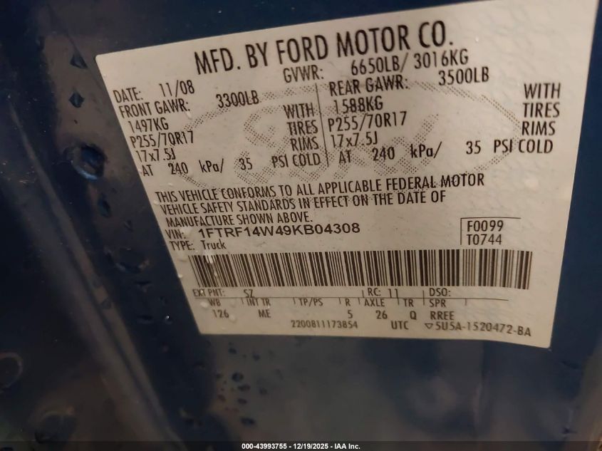2009 Ford F-150 Stx/Xl/Xlt VIN: 1FTRF14W49KB04308 Lot: 43993755