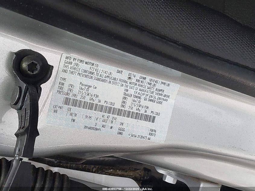 2016 Ford Focus Se VIN: 1FADP3F28GL280949 Lot: 43993758