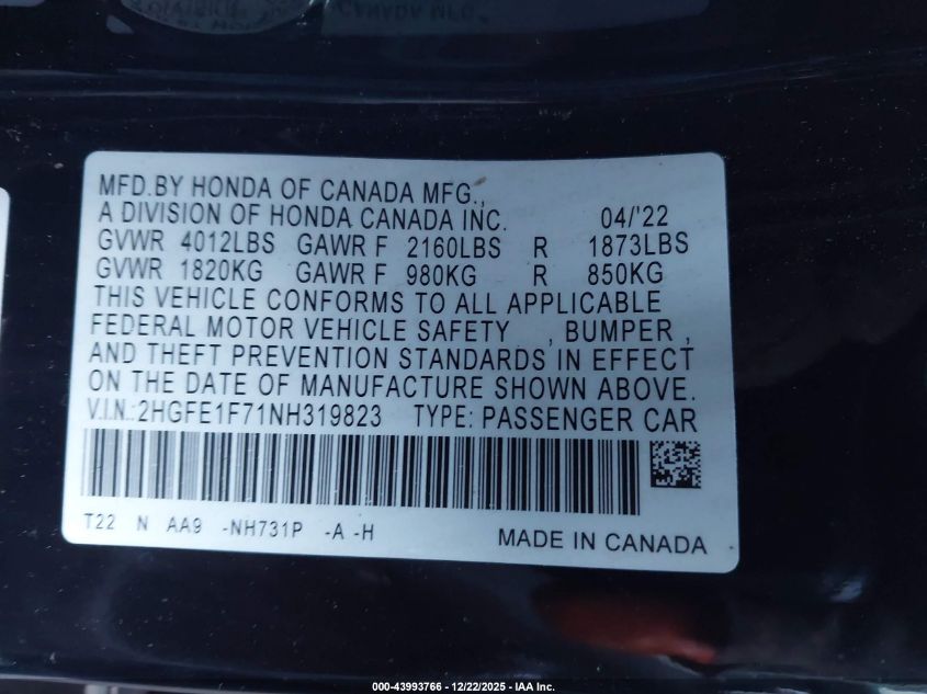 2022 Honda Civic Ex VIN: 2HGFE1F71NH319823 Lot: 43993766