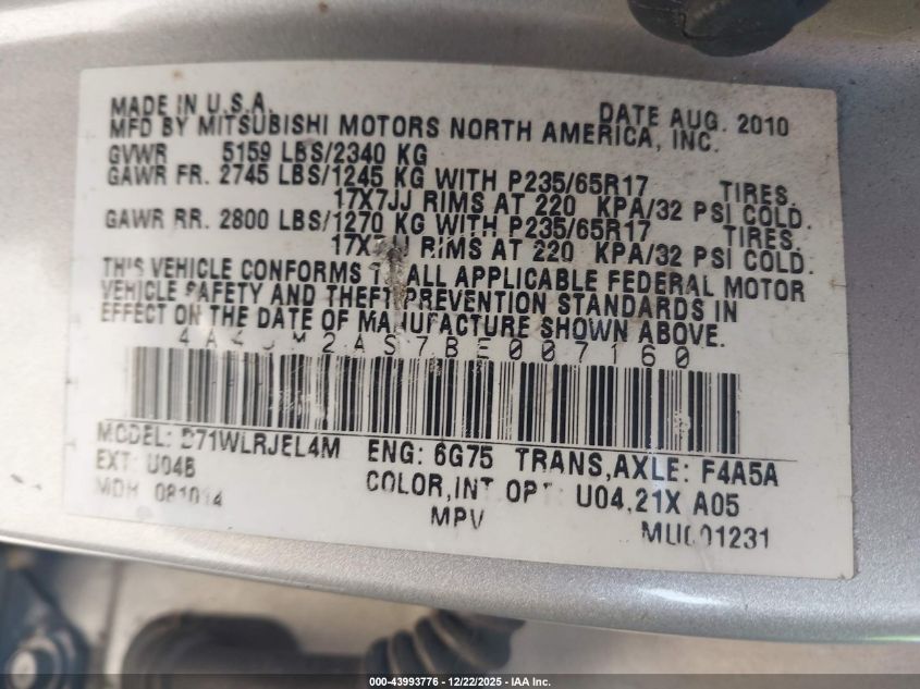 2011 Mitsubishi Endeavor Ls VIN: 4A4JM2AS7BE007160 Lot: 43993776