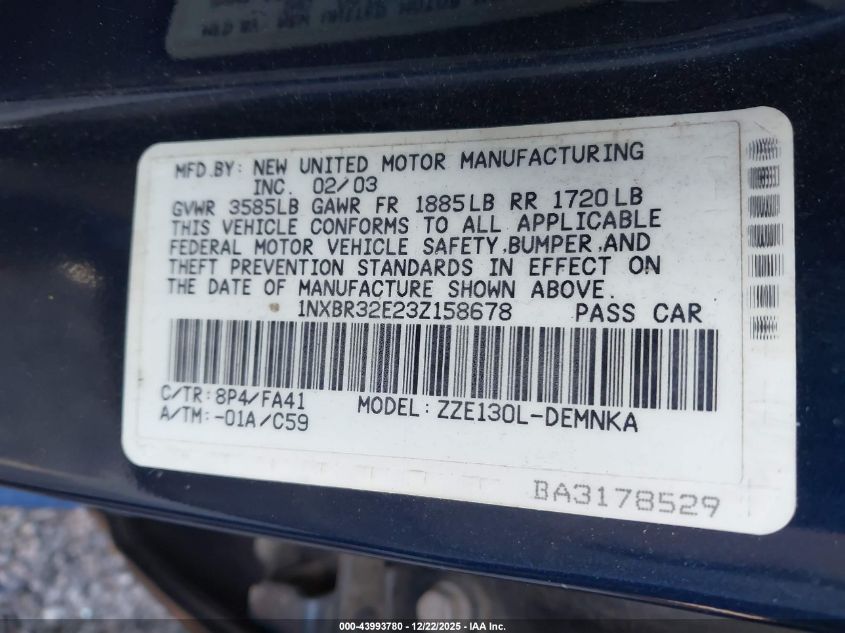 2003 Toyota Corolla Le VIN: 1NXBR32E23Z158678 Lot: 43993780