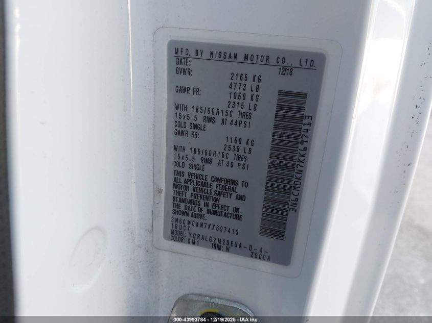 2019 Nissan Nv200 Sv VIN: 3N6CM0KN7KK697413 Lot: 43993784