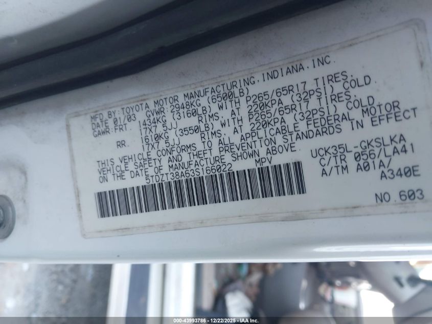 2003 Toyota Sequoia Limited V8 VIN: 5TDZT38A63S166022 Lot: 43993786