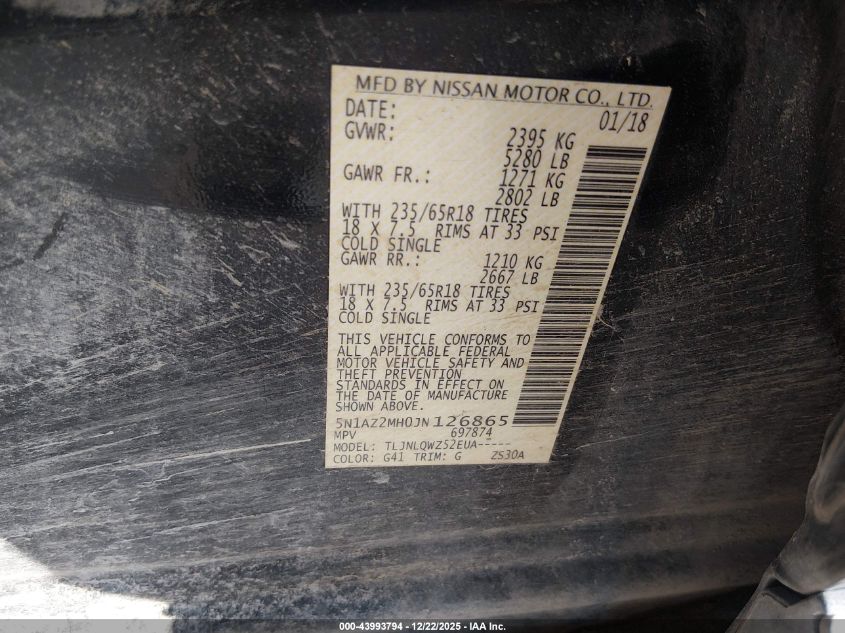 2018 Nissan Murano Sv VIN: 5N1AZ2MH0JN126865 Lot: 43993794