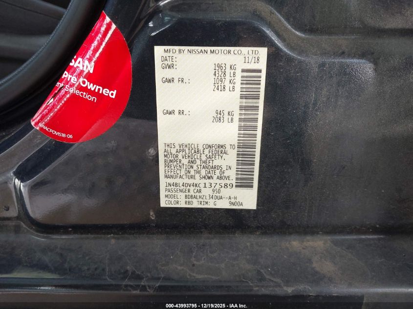 2019 Nissan Altima 2.5 Sv VIN: 1N4BL4DV4KC137589 Lot: 43993795