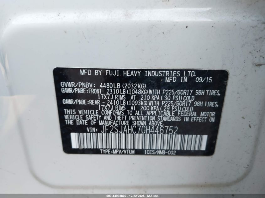 2016 Subaru Forester 2.5I Limited VIN: JF2SJAHC7GH446752 Lot: 43993802