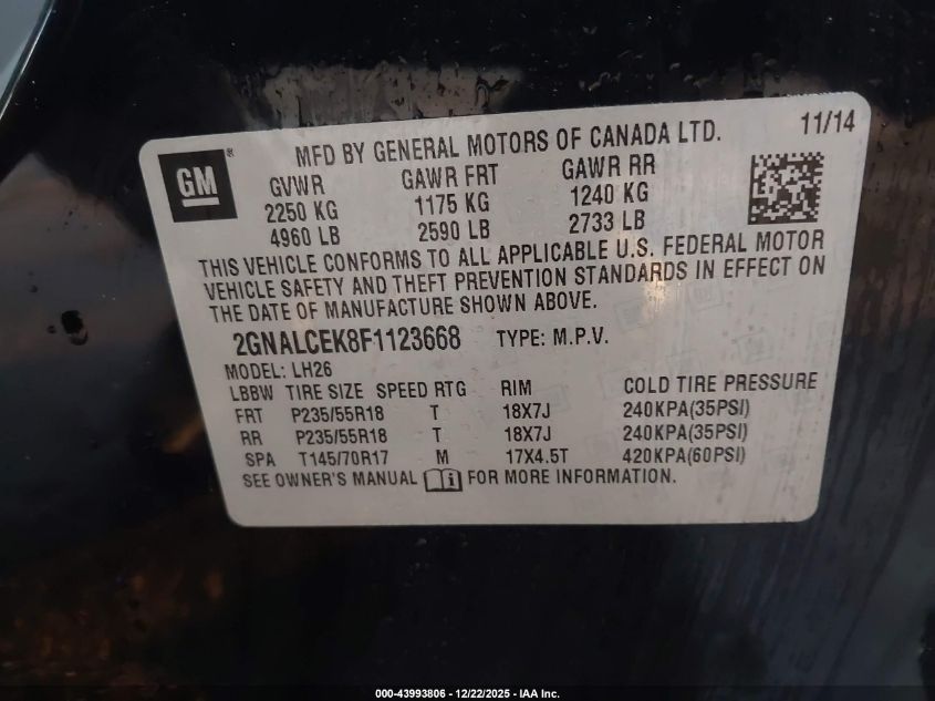 2015 Chevrolet Equinox 2Lt VIN: 2GNALCEK8F1123668 Lot: 43993806