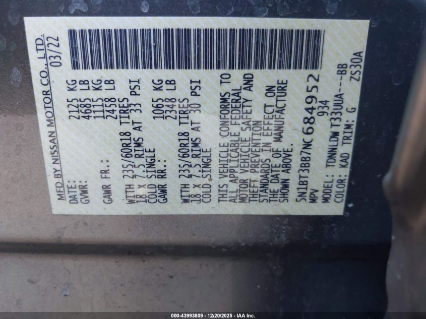 2022 Nissan Rogue Sv Intelligent Awd VIN: 5N1BT3BB7NC684952 Lot: 43993809