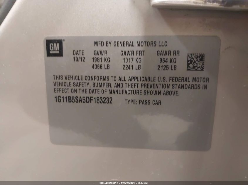 2013 Chevrolet Malibu 1Ls VIN: 1G11B5SA5DF183232 Lot: 43993813