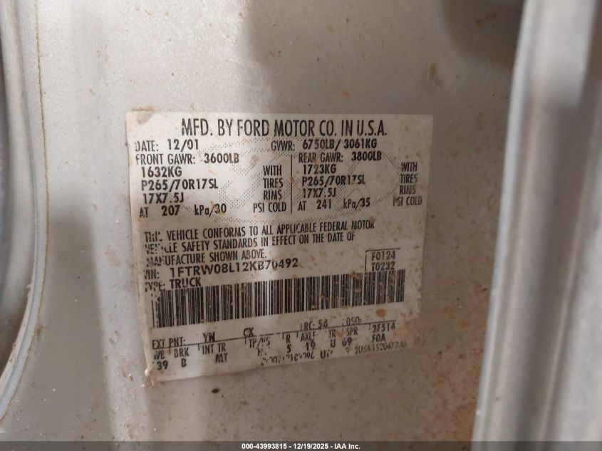 2002 Ford F-150 Lariat/Xlt VIN: 1FTRW08L12KB70492 Lot: 43993815