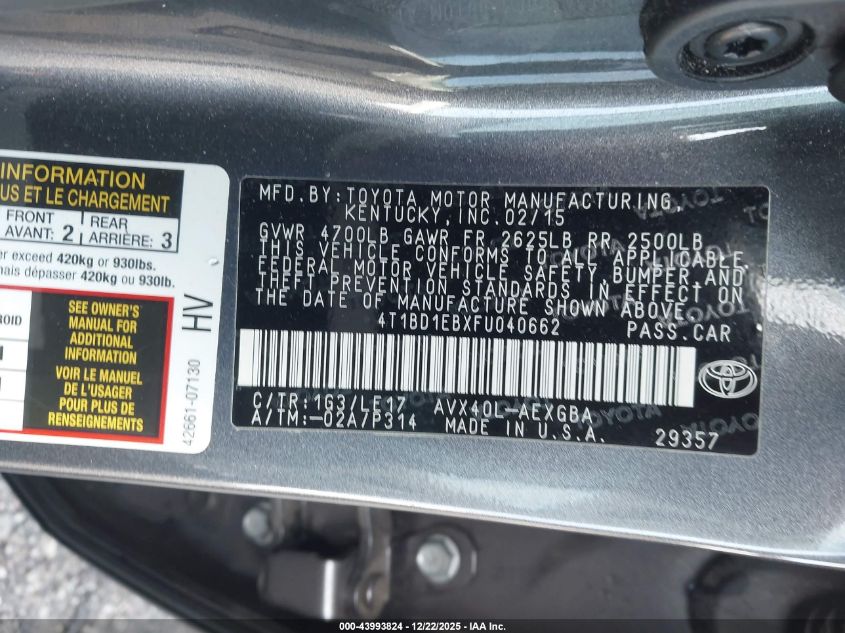 2015 Toyota Avalon Hybrid Xle Touring VIN: 4T1BD1EBXFU040662 Lot: 43993824