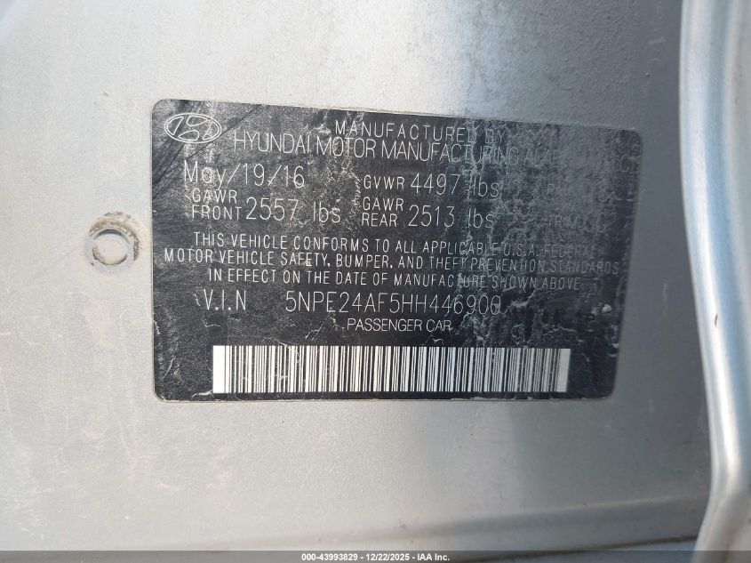 2017 Hyundai Sonata VIN: 5NPE24AF5HH446900 Lot: 43993829