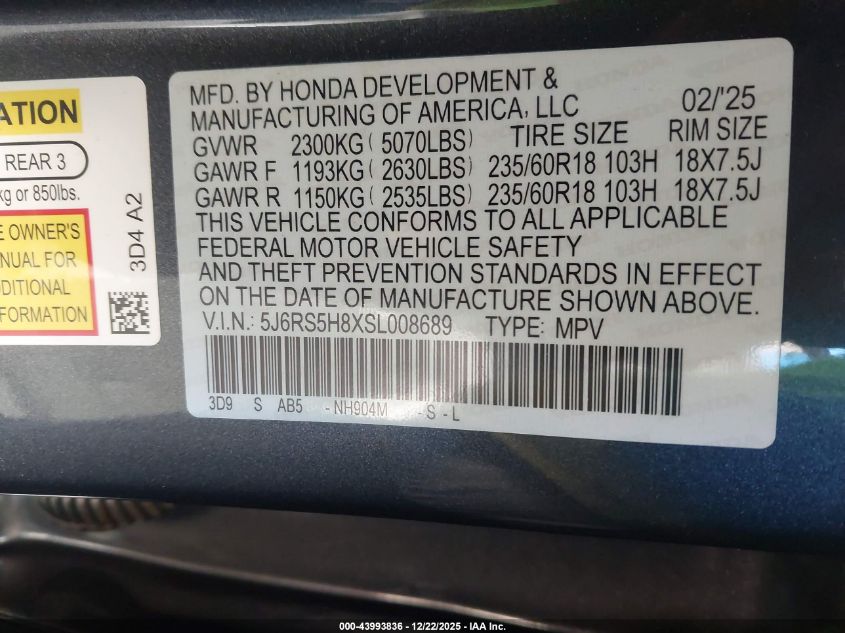 2025 Honda Cr-V Hybrid Sport-L VIN: 5J6RS5H8XSL008689 Lot: 43993836