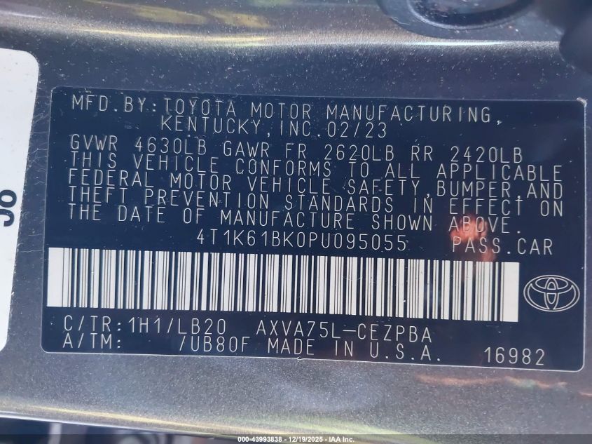 2023 Toyota Camry Xse Awd VIN: 4T1K61BK0PU095055 Lot: 43993838