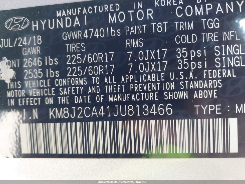 2018 Hyundai Tucson Se VIN: KM8J2CA41JU813466 Lot: 43993850